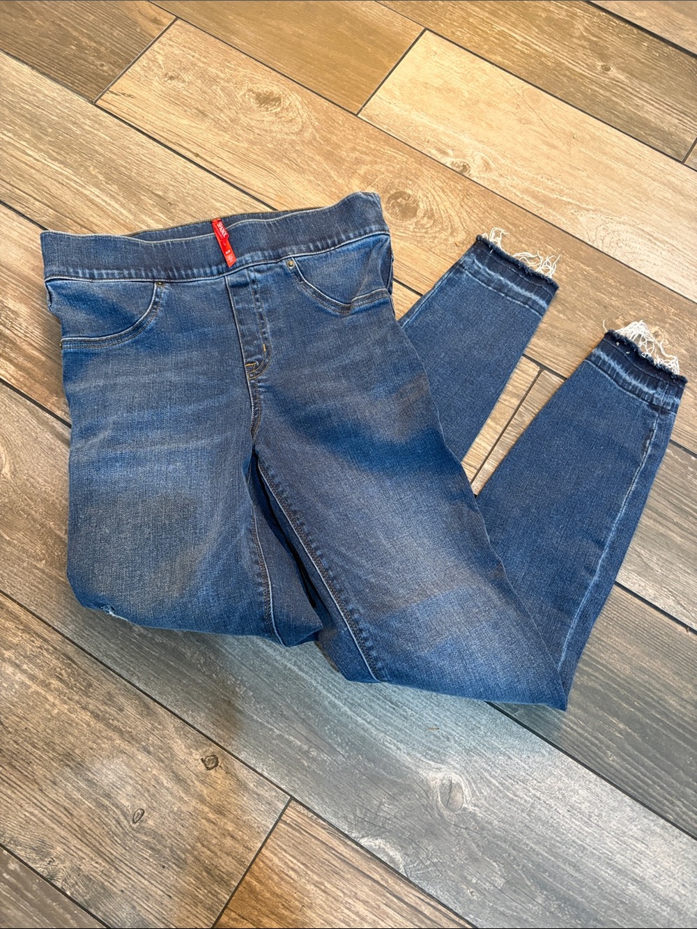 SPANX Dark Blue Skinny Jeans with Frayed Ankles